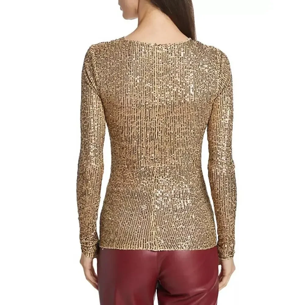 Free People Gold Rush Sequin Long Sleeve Top Blouse in Gold Combo Boho‎ Chic XS